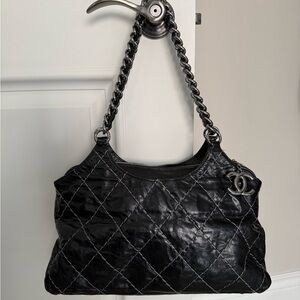 Chanel Black Quilted Matelasse Chain Shoulder Bag with dark silver CC charm